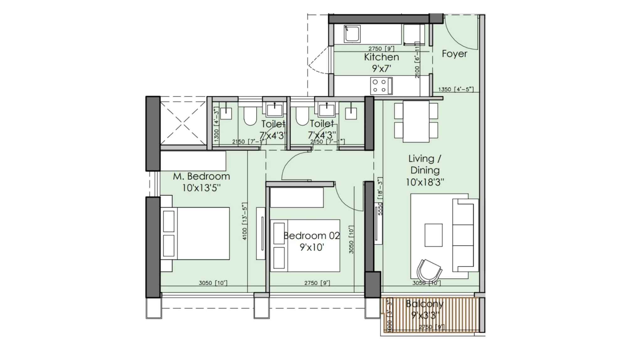 Runwal-25-hour-life-Floor-Plan-Tower-B1-2-BHK-631-sqft